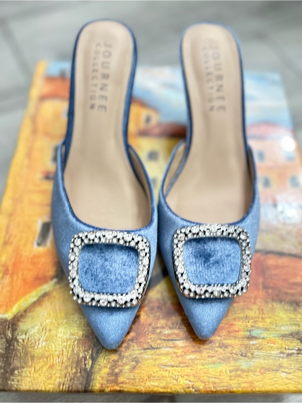 Journee Collection Blue Velvet Pointed Toe Mules with Crystal Buckle